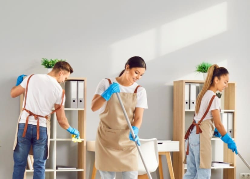 Team of professional cleaners wearing aprons and gloves cleaning modern office with mops and cloths